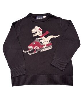 The Children's Place Black Crewneck Sweater with Dino Sled Graphic